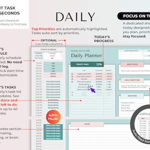 May include: A digital daily planner with a light teal background. The planner includes sections for tasks, schedule, notes, and a gratitude log. Text on the planner includes "Daily Planner," "Today's Tasks," and "Focus on Today."