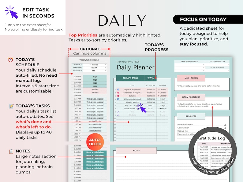 May include: A digital daily planner with a light teal background. The planner includes sections for tasks, schedule, notes, and a gratitude log. Text on the planner includes "Daily Planner," "Today's Tasks," and "Focus on Today."