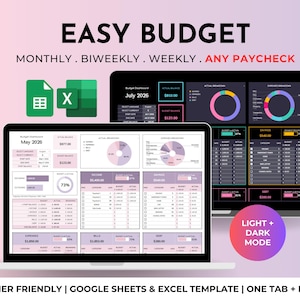 Easy Budget Planner for Beginners Excel/Google Sheets Template Simple Digital Finance Spreadsheet Monthly Paycheck Spending Savings Tracker