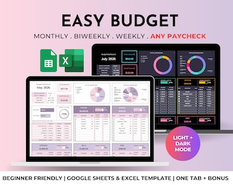 Easy Budget Planner for Beginners Excel/Google Sheets Template Simple Digital Finance Spreadsheet Monthly Paycheck Spending Savings Tracker