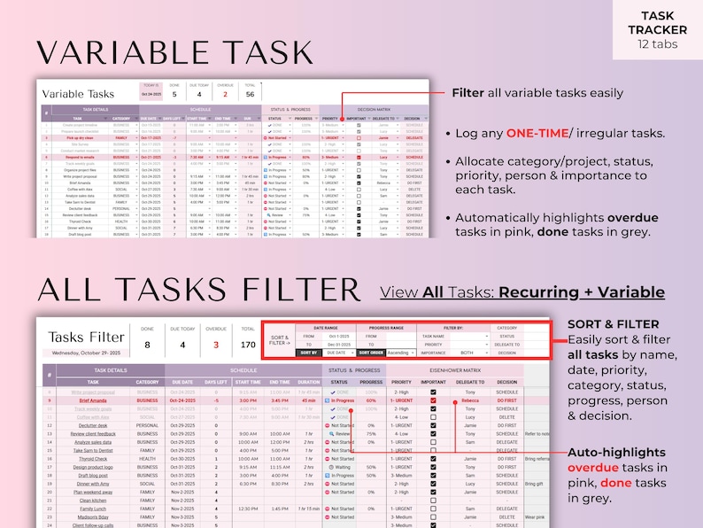 May include: A digital task tracker with two main sections: "Variable Task" and "All Tasks Filter." The tracker includes features to filter tasks, log one-time tasks, and allocate categories. Overdue tasks are highlighted in pink, and completed tasks are in grey.