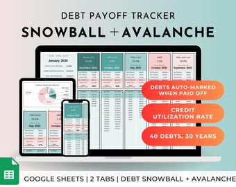 Outil de suivi du remboursement de la dette pour Google Sheets | Calculateur de boules de neige et d'avalanches | Carte de crédit, programme sans prêt ni dette, taux d'utilisation du crédit