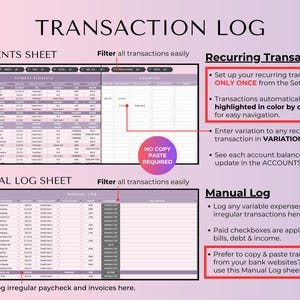 May include: A digital transaction log with the title "TRANSACTION LOG" at the top. The log includes sections for payments, manual entries, and recurring transactions. Instructions are provided for easy navigation and data entry.
