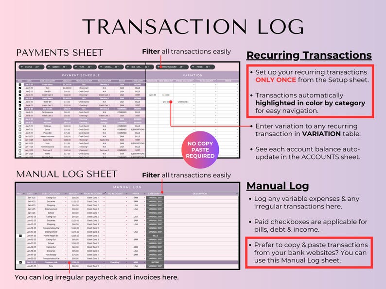 May include: A digital transaction log with the title "TRANSACTION LOG" at the top. The log includes sections for payments, manual entries, and recurring transactions. Instructions are provided for easy navigation and data entry.