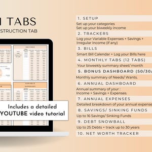 May include: A laptop computer screen displaying a spreadsheet with 21 tabs for budgeting and financial tracking. The tabs include "Income", "Savings", "Subscription", "Variable Expenses", "Setup", "Trackers", "Bills", "Monthly Tabs", "Bonus Dashboard", "Annual Dashboard", "Annual Expenses", "Savings/Sinking Funds", "Debt Snowball", and "Net Worth Tracker". The screen also includes a play button and the text "Includes a detailed YOUTUBE video tutorial".