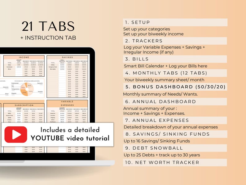 May include: A laptop computer screen displaying a spreadsheet with 21 tabs for budgeting and financial tracking. The tabs include "Income", "Savings", "Subscription", "Variable Expenses", "Setup", "Trackers", "Bills", "Monthly Tabs", "Bonus Dashboard", "Annual Dashboard", "Annual Expenses", "Savings/Sinking Funds", "Debt Snowball", and "Net Worth Tracker". The screen also includes a play button and the text "Includes a detailed YOUTUBE video tutorial".