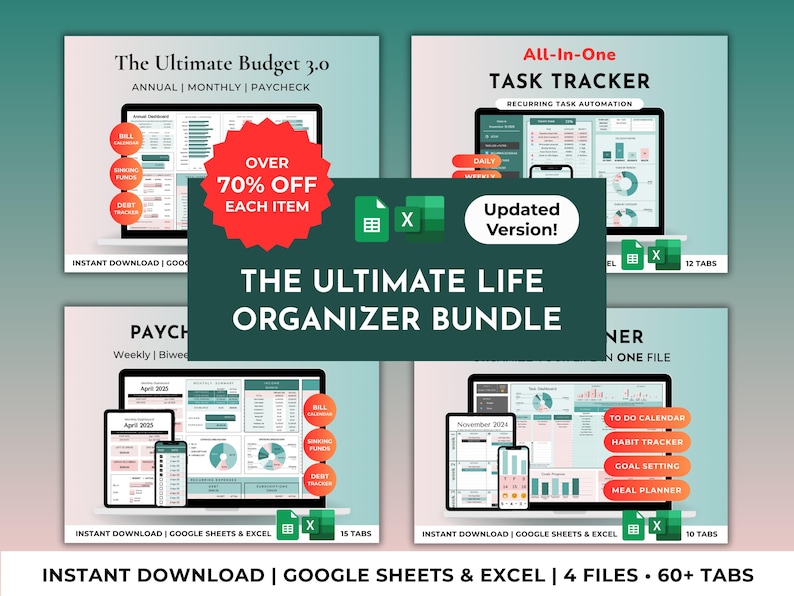 Pu&ograve; includere: L'Ultimate Life Organizer Bundle, un prodotto digitale con quattro file e oltre 60 schede. Include modelli di budget, task tracker e pianificazione per Google Sheets e Excel. Presenta un'etichetta rossa di vendita con oltre il 70% di sconto.