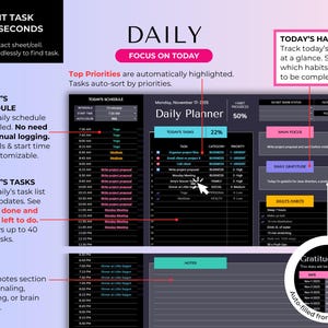 May include: A digital daily planner interface featuring a dark theme with sections for a schedule, task list, habit tracker, and gratitude log. The layout includes text labels like Daily Planner, Today's Schedule, Today's Tasks, and Notes with various colored status indicators and progress bars.