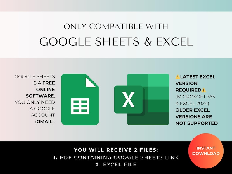 May include: An image with text indicating compatibility with Google Sheets and Excel. It features icons for Google Sheets and Excel, along with text stating the software is free and requires a Google account. It also mentions the latest Excel version is required.