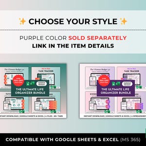 Pu&ograve; includere: Immagine che mostra pacchetti di pianificatori digitali. Il testo recita "CHOOSE YOUR STYLE" e "THE ULTIMATE LIFE ORGANIZER BUNDLE". L'immagine include un'icona verde di Google Sheets e un'icona X, con il testo "COMPATIBLE WITH GOOGLE SHEETS & EXCEL (MS 365)".
