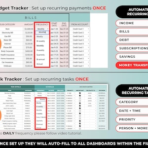 Pu&ograve; includere: Un foglio di calcolo digitale con tracker di budget e attivit&agrave;. Il tracker del budget mostra i pagamenti ricorrenti per le bollette, mentre il tracker delle attivit&agrave; elenca le attivit&agrave; ricorrenti. Il testo "Automatizza ricorrenze" &egrave; incluso.