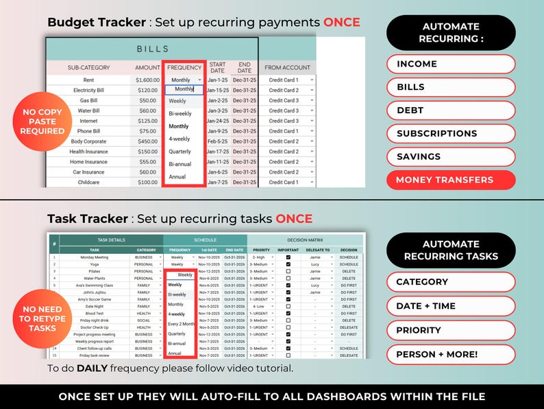 Pu&ograve; includere: Un foglio di calcolo digitale con tracker di budget e attivit&agrave;. Il tracker del budget mostra i pagamenti ricorrenti per le bollette, mentre il tracker delle attivit&agrave; elenca le attivit&agrave; ricorrenti. Il testo "Automatizza ricorrenze" &egrave; incluso.