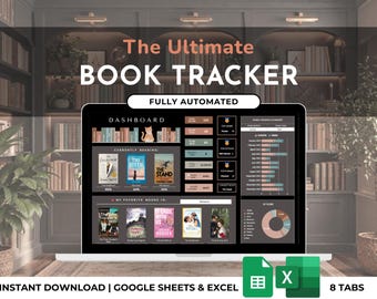 Lista de lectura de la biblioteca digital Book Tracker, reseña de libros, reto de lectura, amante de los libros, Excel, Google Sheets, plantilla oscura