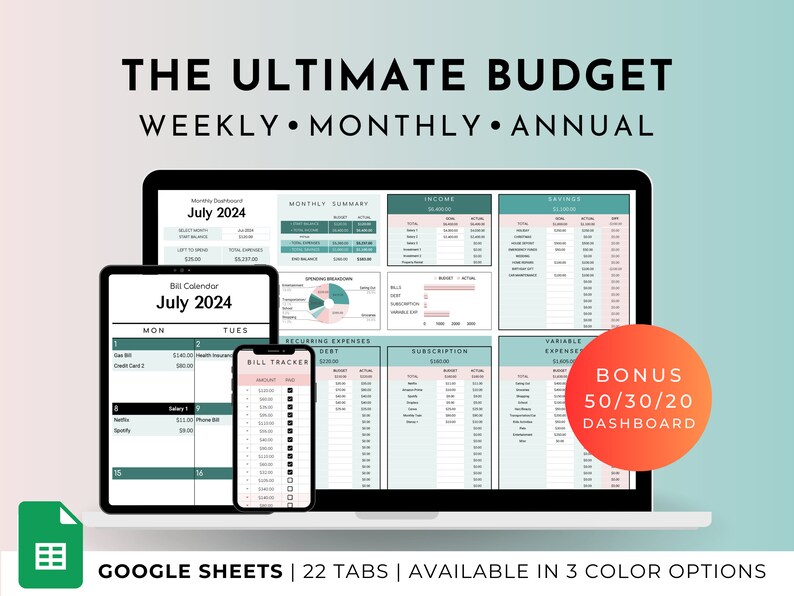 Annual Budget Google Sheets Spreadsheet Monthly Weekly Biweekly Tracker Bill Calendar Savings and Debt Tracker 50/30/20 Ultimate Budget image 1