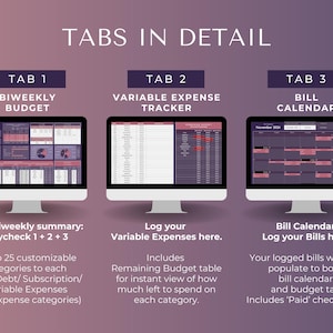 May include: A screenshot of a computer screen showing three tabs labeled "Biweekly Budget", "Variable Expense Tracker", and "Bill Calendar". Each tab shows a spreadsheet with different data related to budgeting and expenses.