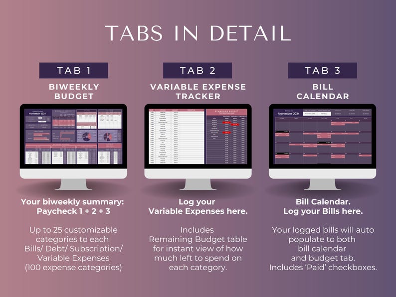 May include: A screenshot of a computer screen showing three tabs labeled "Biweekly Budget", "Variable Expense Tracker", and "Bill Calendar". Each tab shows a spreadsheet with different data related to budgeting and expenses.