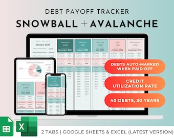 Suivi des remboursements de dettes Google Sheets Excel | Calculateur de boules de neige et d'avalanches | Carte de crédit, prêt, agenda sans dette, taux d'utilisation du crédit