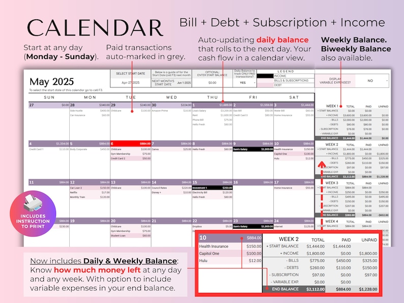 May include: A printable calendar template for May 2025, designed to track income, bills, and subscriptions. Features daily and weekly balance tracking, with options for variable expenses. Includes instructions to print.