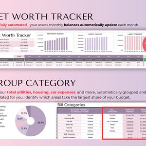 May include: A digital financial planning template with the title "Net Worth Tracker" and "Group Category". The template includes charts and tables for tracking assets, liabilities, and budget categories. The text says "Now fully automated".