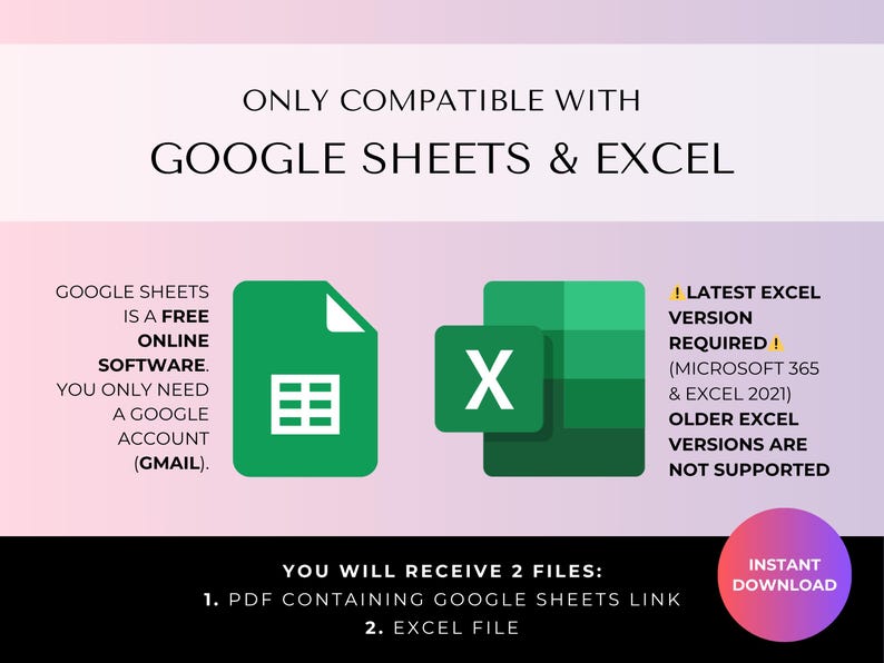 May include: Graphic with the Google Sheets and Excel logos, along with text stating compatibility and requirements. The image includes the text "Google Sheets is a free online software. You only need a Google account (Gmail)."