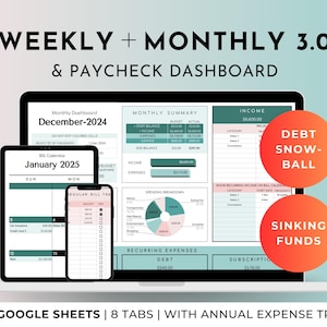Weekly Biweekly Monthly Budget Planner Google Sheets Spreadsheet Income Expense Tracker, Paycheck Finance Tracker, Savings & Debt Tracker