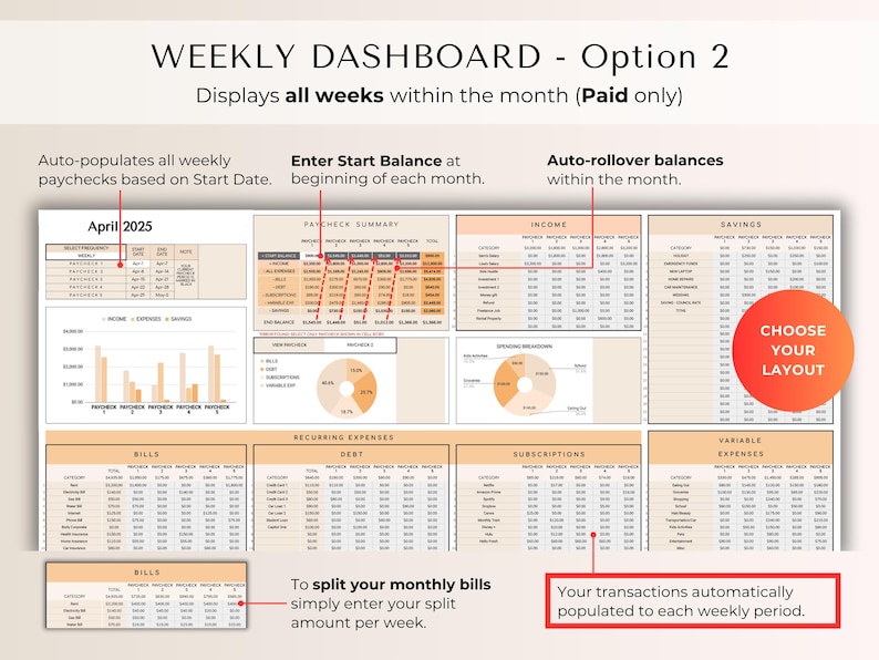 Weekly & Monthly Budget Spreadsheet for Google Sheets | Bill Calendar, Savings Tracker, Automatic Bill Split image 6