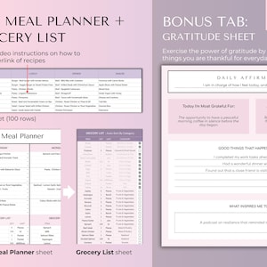 May include: Digital meal planner and grocery list with a purple and white design. Includes a weekly meal planner, grocery list, and a gratitude sheet. The planner has a clean layout with sections for breakfast, lunch, dinner, and snacks.