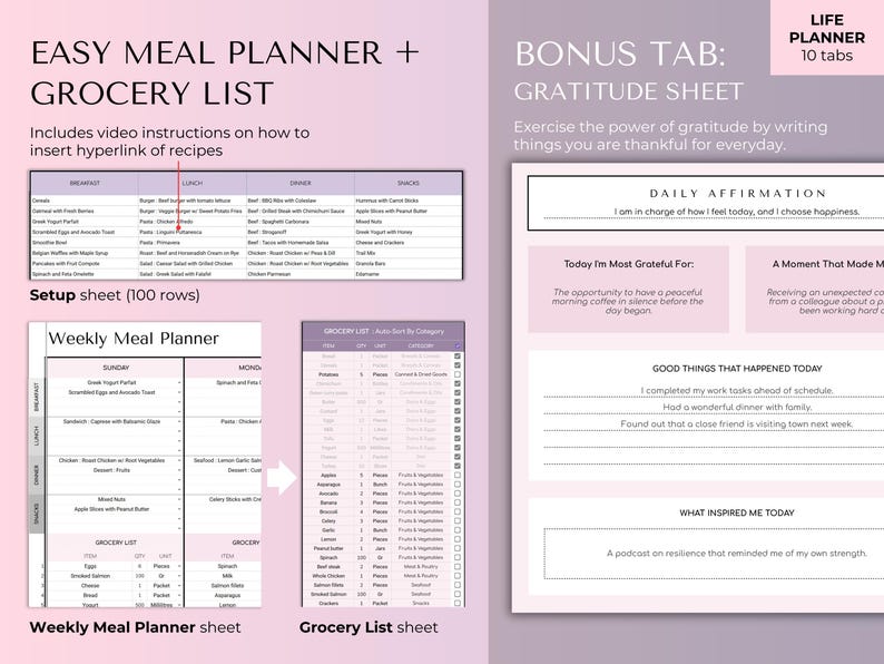 May include: Digital meal planner and grocery list with a purple and white design. Includes a weekly meal planner, grocery list, and a gratitude sheet. The planner has a clean layout with sections for breakfast, lunch, dinner, and snacks.