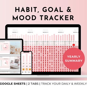 Suivi des habitudes, de l'humeur et des objectifs - Modèle de planificateur Google Sheets - Routine quotidienne, hebdomadaire et annuelle - Tableau de vision numérique