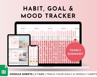 Könnte beinhalten: Eine digitale Google Sheets-Vorlage zum Verfolgen von Gewohnheiten, Zielen und Stimmung. Die Vorlage hat zwei Registerkarten, eine für die tägliche und eine für die wöchentliche Verfolgung. Das Bild zeigt einen Screenshot der Vorlage mit einem rosa und roten Farbschema. Die Vorlage enthält einen Abschnitt für die jährliche Zusammenfassung.