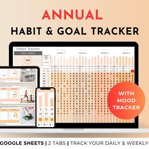 Jaarlijkse gewoonte- en doelentracker – Google Spreadsheets-plannersjabloon – dagelijkse, wekelijkse en jaarlijkse routine, stemmingstracker, ADHD-vriendelijk