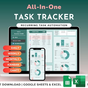 Rastreador de tareas Hoja de cálculo de gestión de proyectos Tablero Kanban Matriz de Eisenhower Planificador diario semanal Diagrama de Gantt Rastreador de equipo Hojas de cálculo de Excel de Google