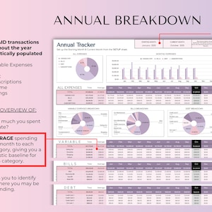 May include: A digital financial tracker with the title "Annual Breakdown." The document includes charts and tables for tracking expenses, bills, debt, subscriptions, income, and savings. The text highlights the ability to track spending and identify areas of overspending.