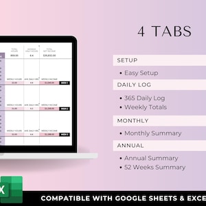 K&ouml;nnte beinhalten: Ein Laptop mit einer Tabelle mit Wochensummen, Einkommen und Stunden. Das Bild enth&auml;lt den Text "4 TABS" und listet Funktionen wie "Easy Setup" und "365 Daily Log" auf. Der Text unten lautet "COMPATIBLE WITH GOOGLE SHEETS & EXCEL."