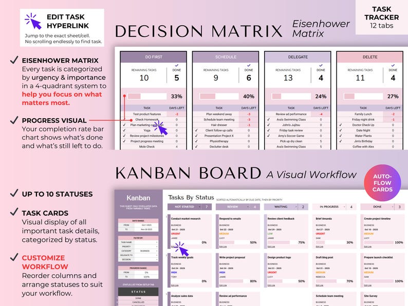 May include: Digital task tracker with an Eisenhower Matrix and Kanban Board. The spreadsheet features a decision matrix with task categories and progress visuals. Includes 12 tabs and customizable workflow options.