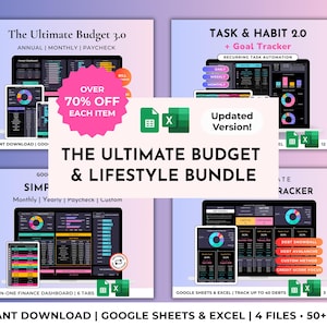 Ultimate Financial Planner Budget Spreadsheet Bundle Habit Task & Goal Tracker Productivity Planner Debt Tracker Dark Mode Digital Template