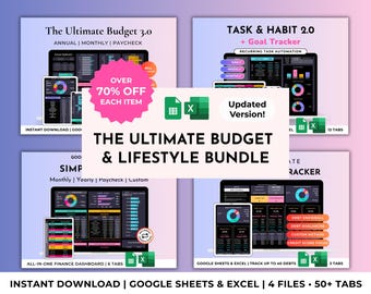 Ultimate Financial Planner Budget Spreadsheet Bundle Habit Task & Goal Tracker Productivity Planner Debt Tracker Dark Mode Digital Template