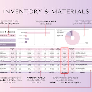 May include: A spreadsheet titled "Inventory & Materials" with data visualization elements. The document displays inventory value, reorder status, and stock percentages. Text includes "Automatically generates barcodes + SKU" and "Know which items need reordering soon."