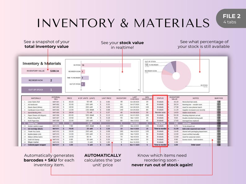 May include: A spreadsheet titled "Inventory & Materials" with data visualization elements. The document displays inventory value, reorder status, and stock percentages. Text includes "Automatically generates barcodes + SKU" and "Know which items need reordering soon."