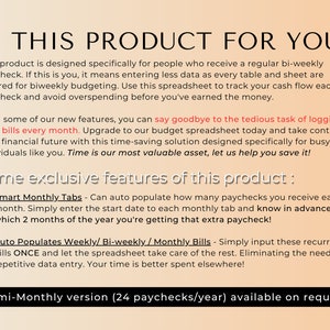 May include: A digital product designed to help people track their finances. The product features a spreadsheet that automatically calculates paychecks and bills, saving time and reducing stress. The product is designed for people who receive a bi-weekly paycheck.