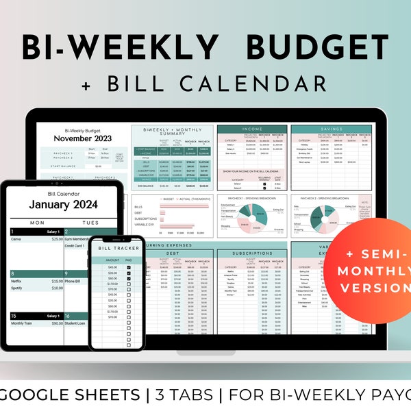 Planificateur budgétaire bimensuel bimensuel, feuilles de calcul Google, budget par chèque de paie, budget bimensuel bimensuel, suivi financier bihebdomadaire