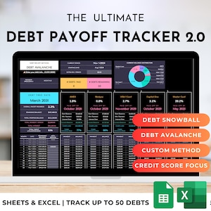 May include: A laptop screen displaying a debt payoff tracker. The screen shows financial data, charts, and the text "DEBT PAYOFF TRACKER 2.0". Buttons read "DEBT SNOWBALL", "DEBT AVALANCHE", "CUSTOM METHOD", and "CREDIT SCORE FOCUS". The bottom text says "GOOGLE SHEETS & EXCEL | TRACK UP TO 50 DEBTS".