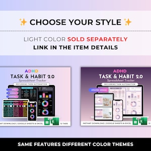 May include: Digital ADHD Task & Habit 2.0 spreadsheet tracker for Google Sheets and Excel. Features recurring task automation, 12 tabs, and instant download. Two color themes are displayed, showing charts, graphs, and task lists on screens.