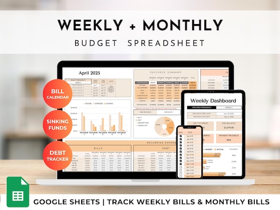 Weekly & Monthly Budget Spreadsheet for Google Sheets | Bill Calendar, Savings Tracker, Automatic Bill Split