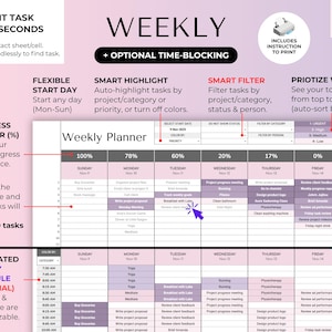 May include: A weekly planner template with a pink and white color scheme. The planner includes sections for time-blocking, task tracking, and automated scheduling. Text includes "Edit Task in Seconds" and "Weekly Planner".