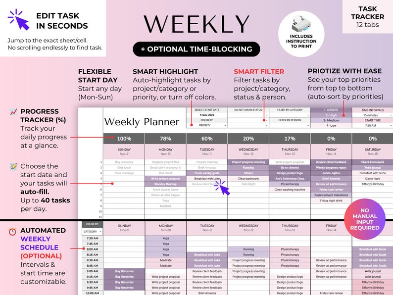 May include: A weekly planner template with a pink and white color scheme. The planner includes sections for time-blocking, task tracking, and automated scheduling. Text includes "Edit Task in Seconds" and "Weekly Planner".