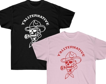 Y'allternative Unisex Baumwolle T Shirt Emo Texas Goth Lustiges Geschenk Cowboy Schädel Western T Shirt Land Yallternative Tattoo Cowgirl Grafik