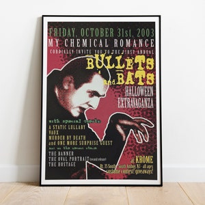 Affiche de concert vintage MCR 2003 impression balles et chauves-souris Halloween Rock Show Flyer fan de produits chimiques souvenirs muraux Art déco romantique cadeau Emo