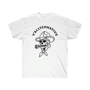 Y'allternative Unisex Baumwolle T Shirt Emo Texas Goth Lustiges Geschenk Cowboy Schädel Western T Shirt Land Yallternative Tattoo Cowgirl Grafik White