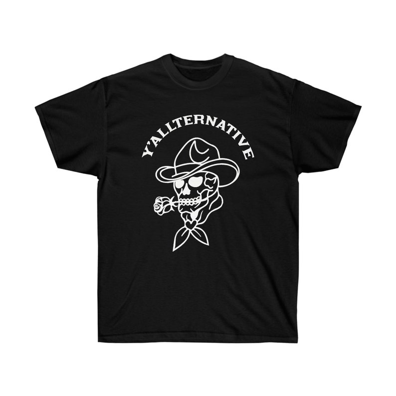 Y'allternative Unisex Baumwolle T Shirt Emo Texas Goth Lustiges Geschenk Cowboy Schädel Western T Shirt Land Yallternative Tattoo Cowgirl Grafik Black